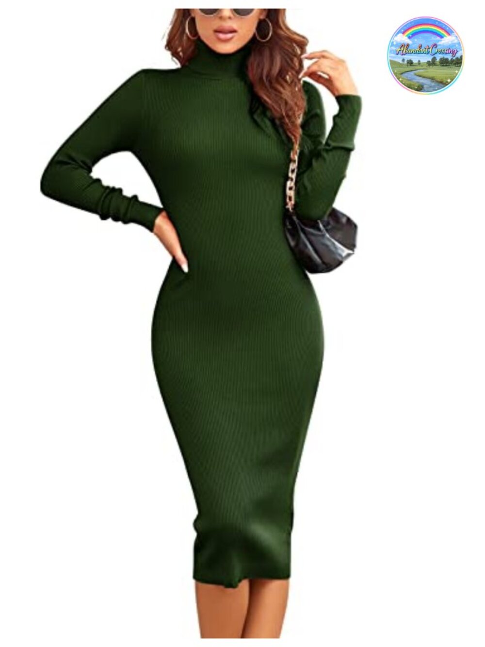 Rocorose Turtleneck Ribbed Long Sleeve Knit Midi Sweater Dress